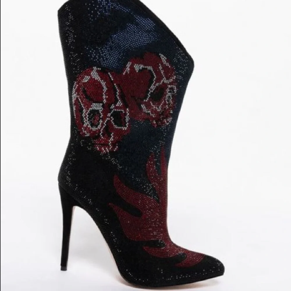 Doll Kills Sexy Red and Black Rhinestone Knee High Heel Cowboy Boots - Picture 3 of 6